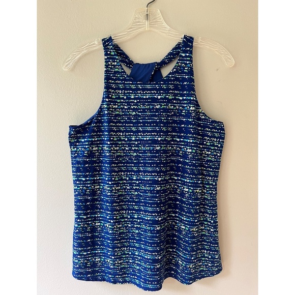 Cece Sz XS Halter Blue Neon Dots Striped Fully Lined Tank Top Pullover Stretch - Picture 1 of 8